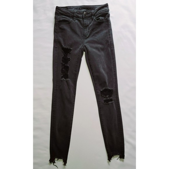 American Eagle Juniors 0 High Rise Skinny Ankle Distressed Acid Black Wash Jeans - Picture 2 of 12